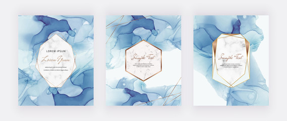 Blue alcohol ink cards with marble and gold polygonal frames. Abstract hand painted background. Fluid art painting design. Trendy template for banner, flyer, wedding invitation