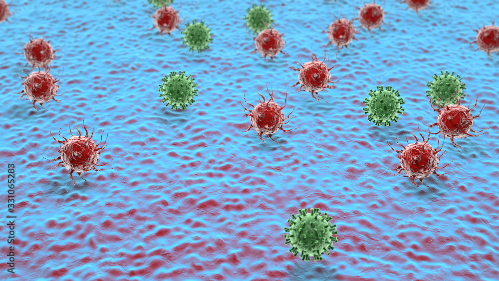 Poster 3d rendering of a medical biological surface with lots of red and blue viruses. image for medical co