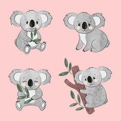 Cute cartoon koala bears set. Vector watercolor illustration for kids. © Afanasia