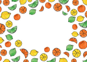 Fresh summer crayon hand drawn citrus orange lemon lime fruit candy gelatin border frame ornament illustration. A4 A3 international paper slide poster card with free blank copy space for text