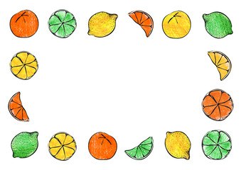 Fresh summer crayon hand drawn citrus orange lemon lime fruit candy gelatin border frame ornament illustration. A4 A3 international paper slide poster card with free blank copy space for text