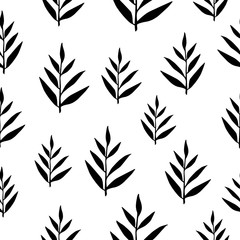 Cute hand drawn forest leaves and branch seamless pattern. Traditional leaves in ink, doodle style for wedding decoration and arrangements.