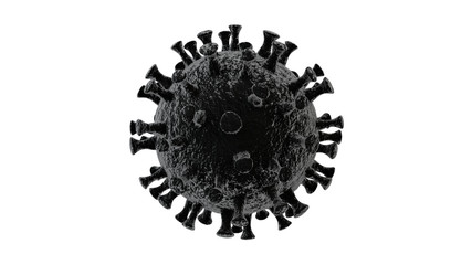 3D rendering of a black, coronavirus isolated on a white background. Illustration for medical banners, reports and advertising compositions in Newspapers. Virus bacteria in the center of the image..