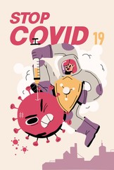 Fight with Coronavirus concept. Illustration of a doctor fighting with covid-19 corona virus. Disease campaign poster. Vector