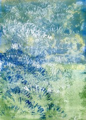 Abstract nature background. Hand painted fullcolour design. Grass texture, green, white and blue blades - 331066679