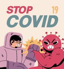 Fight with Coronavirus concept. Illustration of a doctor fighting with covid-19 corona virus. Disease campaign poster. Vector