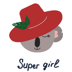 Koala in a hat vector illustration. Red hat with leaves. To create prints on textiles, prints.
