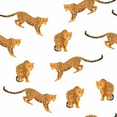 Seamless exotic pattern with abstract silhouettes of leopard animals. Hand draw illustration.