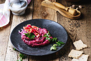 Beetroot horseradish  hummus with pickled watermelon radishes