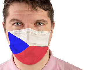 Portrait of adult caucasian man who wears protective mask on his face against influenza and protect health from bacteria. Flag of Czech Republic.