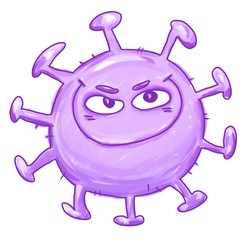 Hand drawn funny cartoon illustration of a scary evil molecule of coronavirus covid-19. Isolated on a white background.