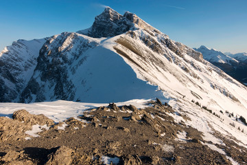 Rugged Snowy Mountain Ridge Landscape between Ha Ling and Miners Peak above Canmore near Banff...