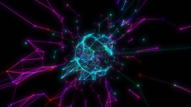 A cyberpunk sphere made of geometric shapes rotates quickly counterclockwise on a black background. Seamless loop.