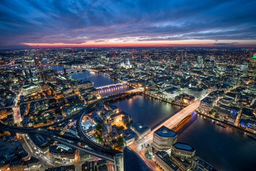 Aerial view of the London skyline at night