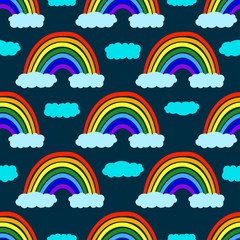 Beautiful cartoon rainbow on clouds isolated on a blue background. Baby seamless pattern. Vector graphic hand illustration. Texture.