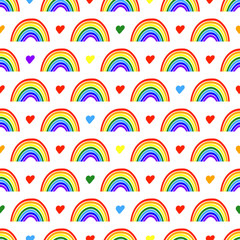 Beautiful rainbows and colorful hearts. Baby seamless pattern. Vector graphic hand illustration. Texture.