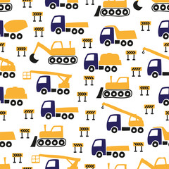 Bright colorful cartoon construction equipment and road signs isolated on white background. Childish cute seamless pattern. Vector graphic hand illustration. Texture.