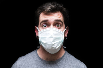 man wearing surgical mask afraid of coronavirus covid-19