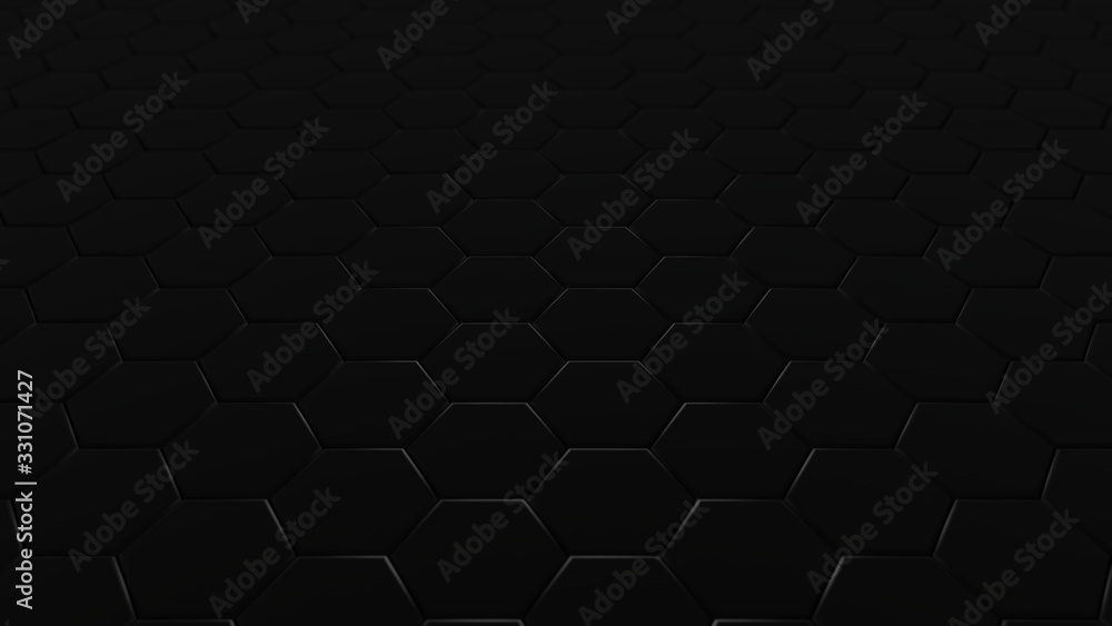 Poster 3d rendering of an abstract geometric background, black from a set of hexagons and blurred backgroun