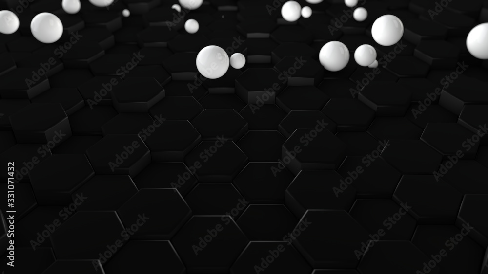 Poster 3d rendering of an abstract geometric background, black from a set of hexagons and blurred backgroun