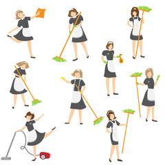 Set of cleaning housemaid ladies in different poses with the mop, vacuum, and duster. Vector illustration in flat cartoon style.