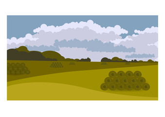 Autumn rural landscape with harvested crops and haystacks, dried straw wrapped in rolls to the horizon. Farming life concept illustration in simple colors