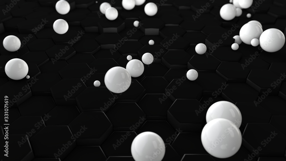 Poster 3d rendering of an abstract geometric background, black from a set of hexagons and blurred backgroun