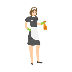 Fototapeta na wymiar Brown-haired smiling housemaid posing with a squirting spray bottle. Vector illustration in flat cartoon style.
