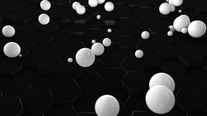 3D rendering of an abstract geometric background, black from a set of hexagons and blurred background. There are many white spheres scattered across the surface. Abstract image for backgrounds,.