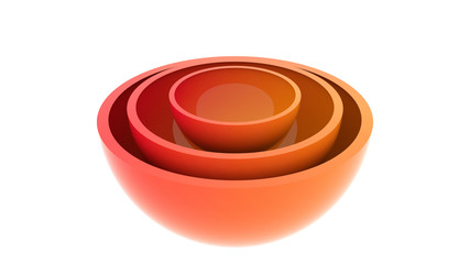 Set of three ceramic bowls. Planet, sattelite, sun or star inner layers structure. 3d rendering.