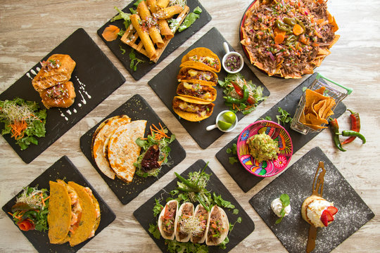 Varied Mexican food viewed from above.