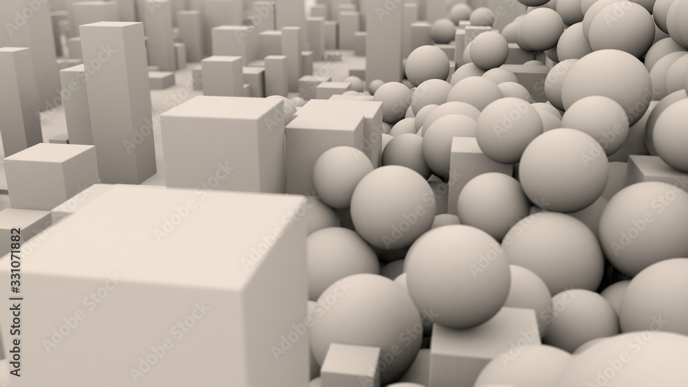 Poster 3d rendering of a set of white balls among cubes and other geometric objects. abstract image for scr