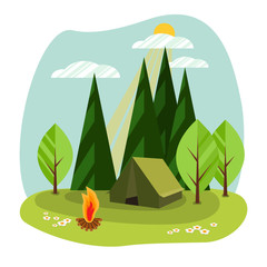 Sunny day landscape illustration in flat style with tent, campfire, trees and water. Background for summer camp, nature tourism, camping, hiking  or  glamping design concept
