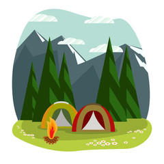 Sunny day landscape illustration in flat style with two tents, campfire, mountains and forest. Background for summer camp, nature tourism, camping, hiking  or  glamping design concept