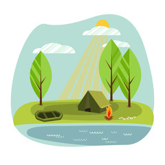 Sunny day landscape illustration in flat style with tent, campfire, boat, and water. Background for summer camp, nature tourism, camping, hiking or glamping