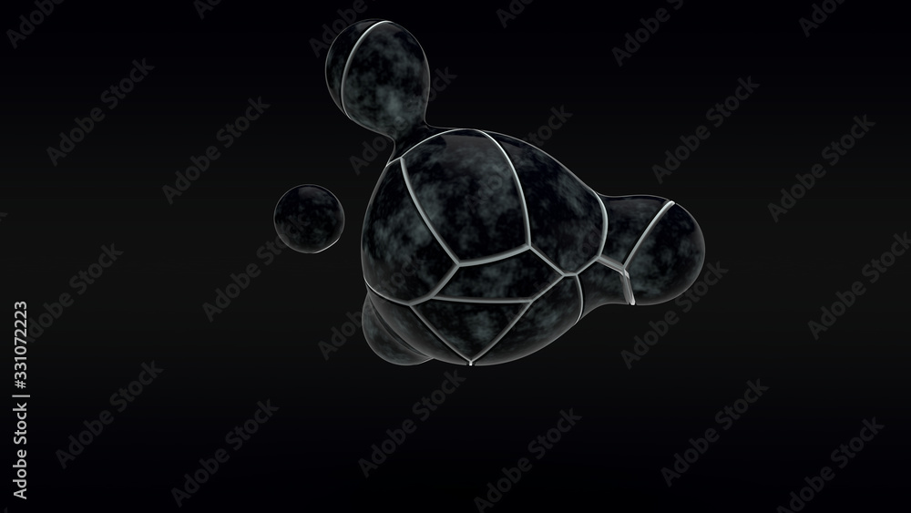 Poster 3d rendering of black marble drops on a dark background. drops of different sizes cut by white lines