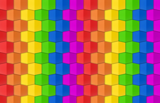 3d rendering. LGBT rainbow hexagonal grid shape pattern wall background.