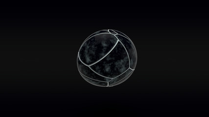 3D rendering of black marble drops on a dark background. Drops of different sizes cut by white lines into irregular segments. Monochrome illustration.