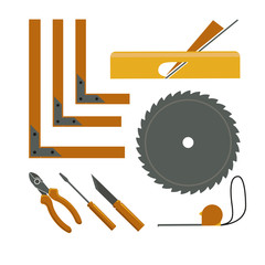 Carpenter tools set in flat style isolated on a white background. Services construction, decoration, repair of houses, offices. Sales and rentals building instruments