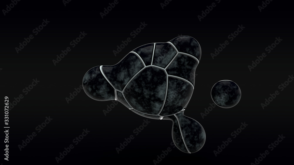Poster 3d rendering of black marble drops on a dark background. drops of different sizes cut by white lines