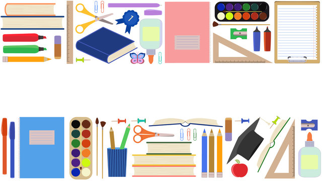 Back to school. Seamless border, advertising template with school supplies. Set of school stationery in a flat cartoon style. Isolated on a white background. Website design concept, teaching children