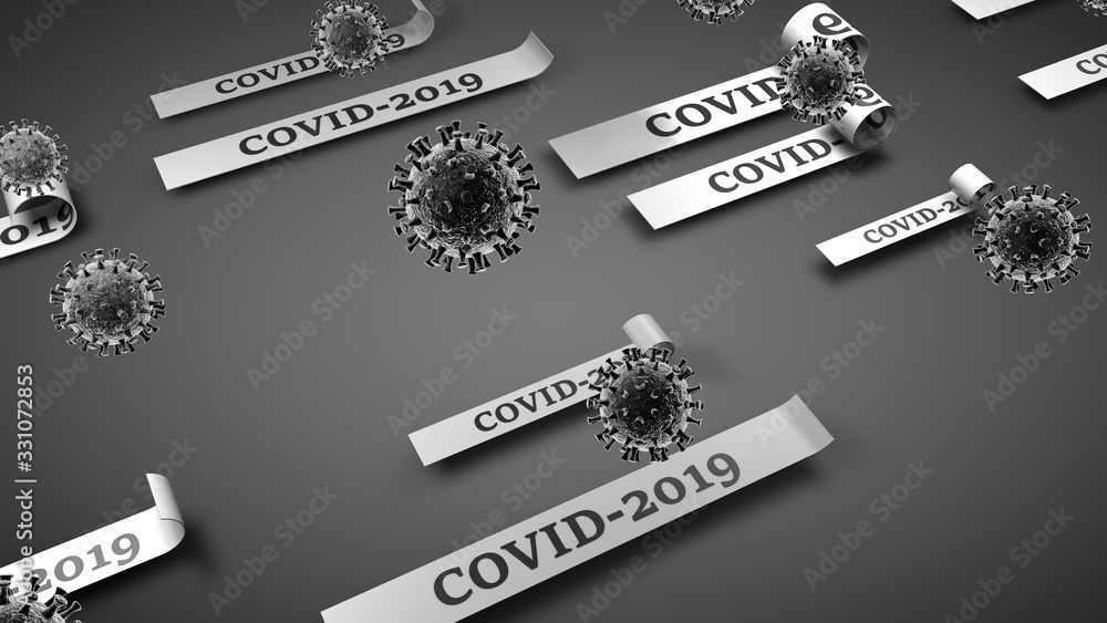 Poster 3d rendering of a gray monochrome surface over which there are many viruses and signs with text info