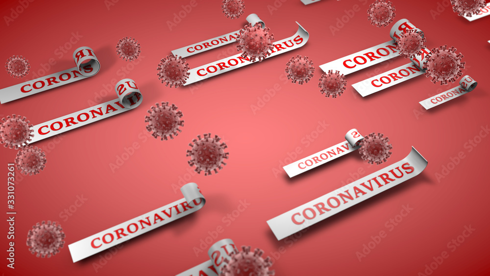 Poster 3d rendering of a blood-red surface with a lot of viruses and signs with text informing about the da