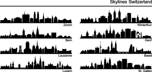 SWITZERLAND SET City Skyline Silhouette Cityscape Vector - obrazy, fototapety, plakaty