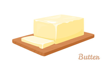 Butter on wooden board isolated on white background. Vector illustration of dairy product in cartoon flat style.