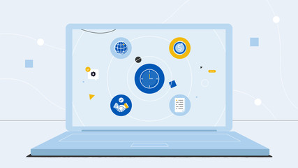Illustration with laptop and work process icons on the screen. Multitasking and time management concept. Effective management. Vector illustration.