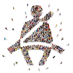 People that buckle up for safety concept. Large group of diverse people walking to and forming the shape of a buckle up symbol on an isolated white background. 3d rendering