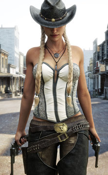 Blonde cowgirl walking the streets of a western town armed with two revolvers. 3d rendering