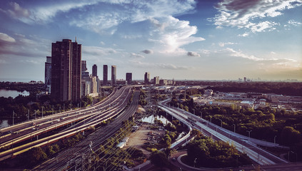 cityscape view of downtown toronto near gardiner express way