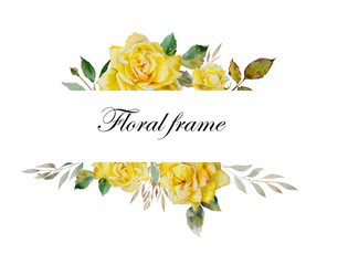 Yellow roses watercolor frame with place for text. Original illustration of ripe blooming pale roses isolated on white background